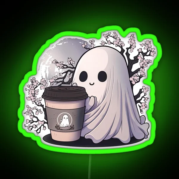 Coffee Ghost Under A Sakura Tree RGB Neon Sign