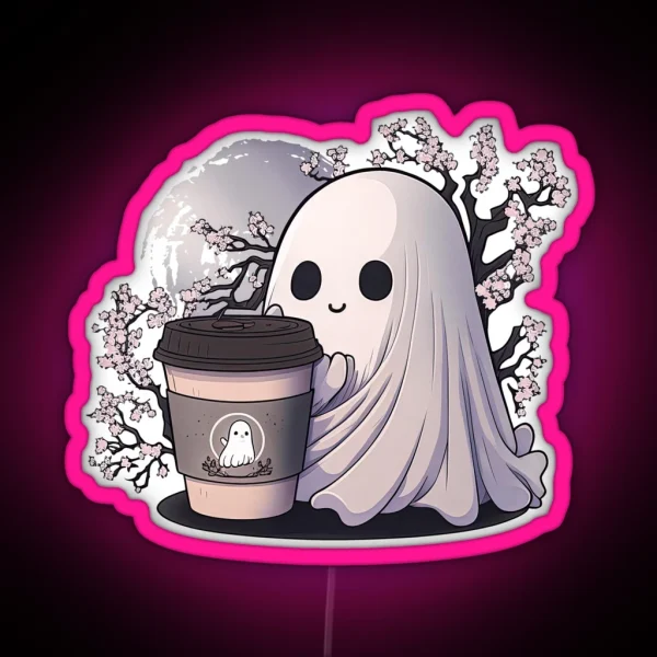 Coffee Ghost Under A Sakura Tree RGB Neon Sign