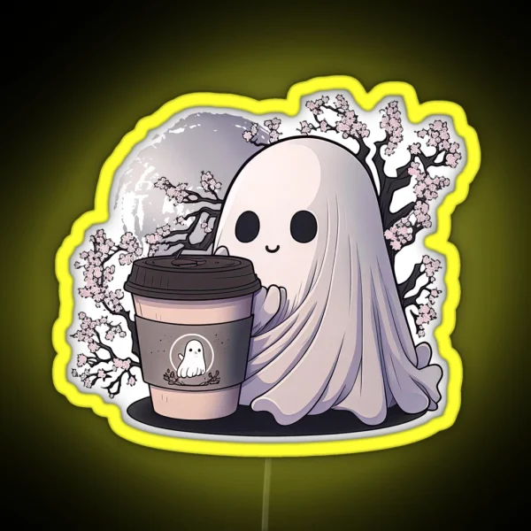 Coffee Ghost Under A Sakura Tree RGB Neon Sign