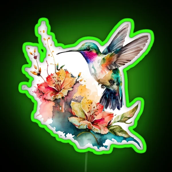 Colorful Watercolor Hummingbird And Flowers 13 RGB Neon Sign