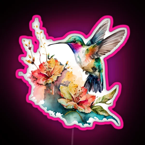 Colorful Watercolor Hummingbird And Flowers 13 RGB Neon Sign