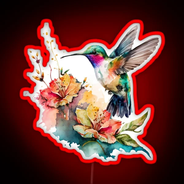 Colorful Watercolor Hummingbird And Flowers 13 RGB Neon Sign