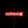 Humorous kitchen decor featuring an RGB neon 'contains water' warning