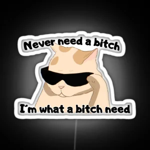 Cool Cute Cat Funny Song Quote Never Need A Bitch I M What A Bitch Need RGB Neon Sign