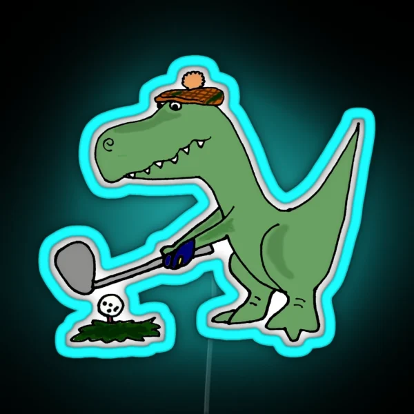 Cool Funky Green T Rex Dinosaur Playing Golf RGB Neon Sign