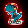 Vibrant prehistoric biker culture illuminated with colorful LED lighting accents.