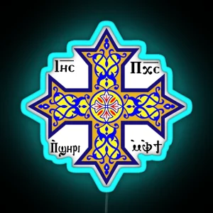 Coptic Orthodox Cross With Text On Blue RGB Neon Sign