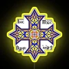 Blue Neons Sign Displaying Coptic Orthodox Cross Icon Symbolically.