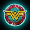 Colourful watercolour neon lightbox featuring superhero Wonder Woman logo design.