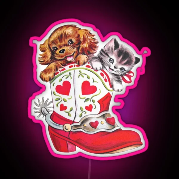 Coquette Vintage Cat Dog In Boots RGB Neon Sign