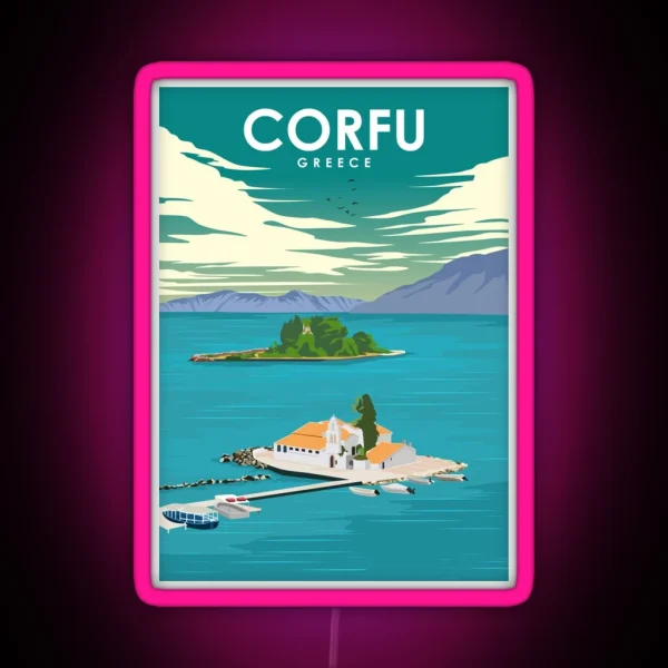 Corfu Greece Vintage Minimal Retro Travel Poster RGB Neon Sign