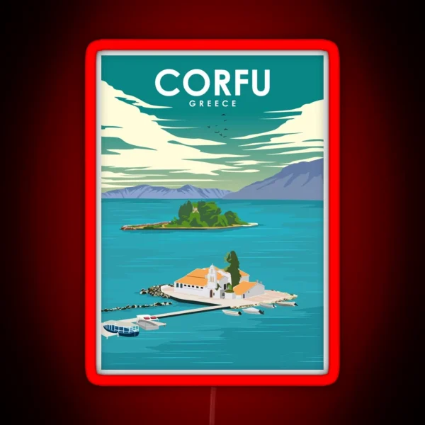 Corfu Greece Vintage Minimal Retro Travel Poster RGB Neon Sign