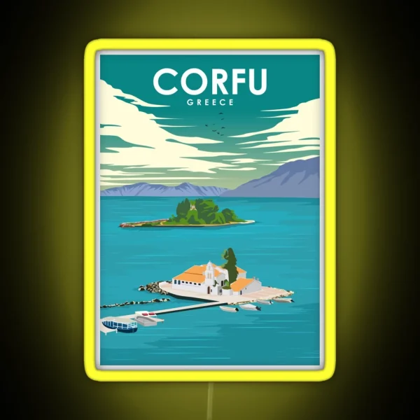 Corfu Greece Vintage Minimal Retro Travel Poster RGB Neon Sign