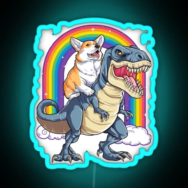 Corgi Riding Dinosaur T Rex Funny Rainbow Dog RGB Neon Sign