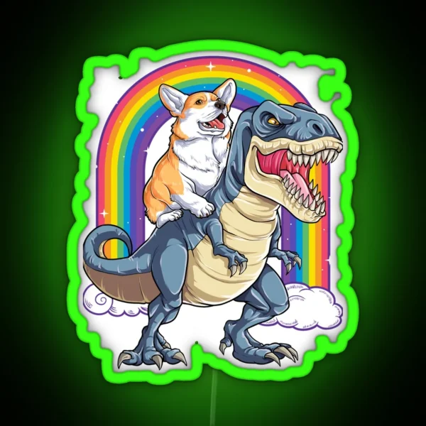 Corgi Riding Dinosaur T Rex Funny Rainbow Dog RGB Neon Sign