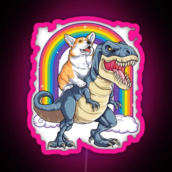 Corgi Riding Dinosaur T Rex Funny Rainbow Dog RGB Neon Sign