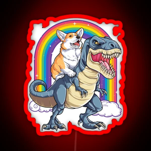 Corgi Riding Dinosaur T Rex Funny Rainbow Dog RGB Neon Sign