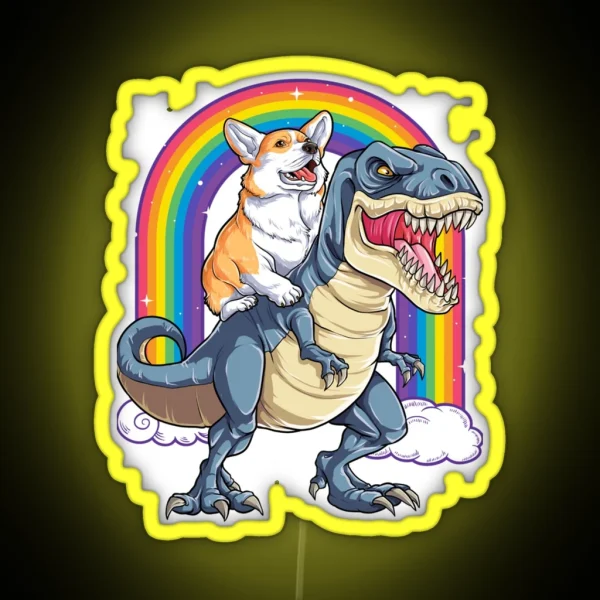 Corgi Riding Dinosaur T Rex Funny Rainbow Dog RGB Neon Sign