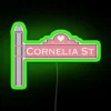 Vintage-inspired Cornelia Street name sign with RGB neon lighting accents