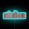 Whimsical cottage bookshelf decor with multicolor neon reading lights glow.