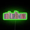Cozy cottage library ambiance with colorful bookshelves lit neon sign