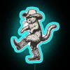 Vibrant neon signs featuring a cowboy cat in colorful lighting.