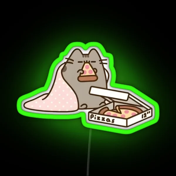 Cozy Cat Eating Pizza Illustration RGB Neon Sign