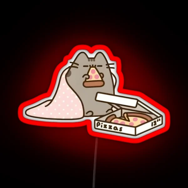 Cozy Cat Eating Pizza Illustration RGB Neon Sign