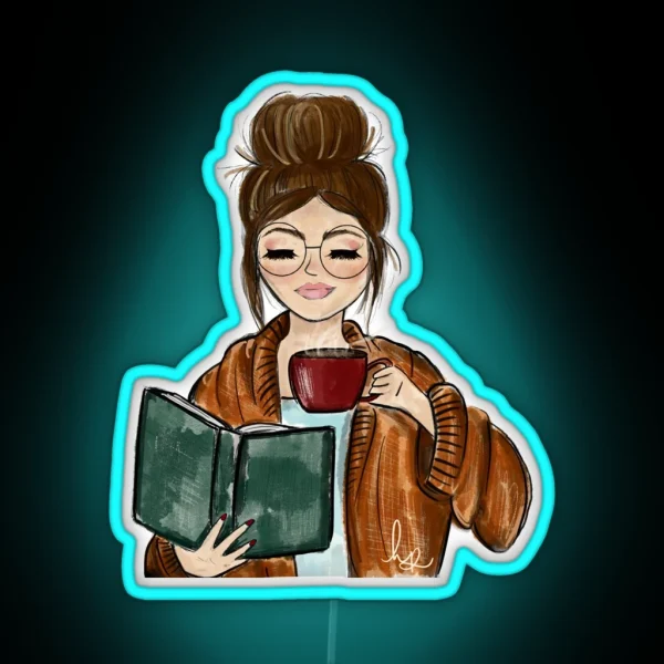 Cozy Fall Girl With Book And Coffee RGB Neon Sign