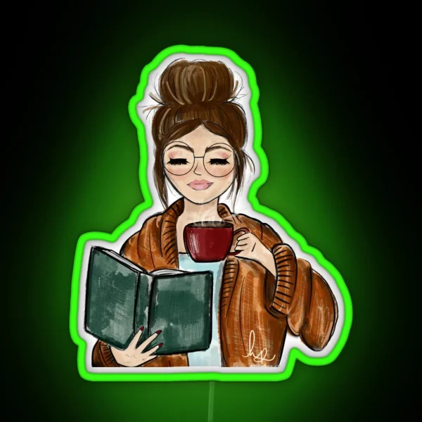 Cozy Fall Girl With Book And Coffee RGB Neon Sign