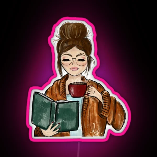 Cozy Fall Girl With Book And Coffee RGB Neon Sign
