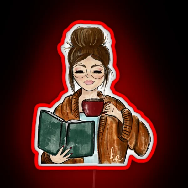 Cozy Fall Girl With Book And Coffee RGB Neon Sign