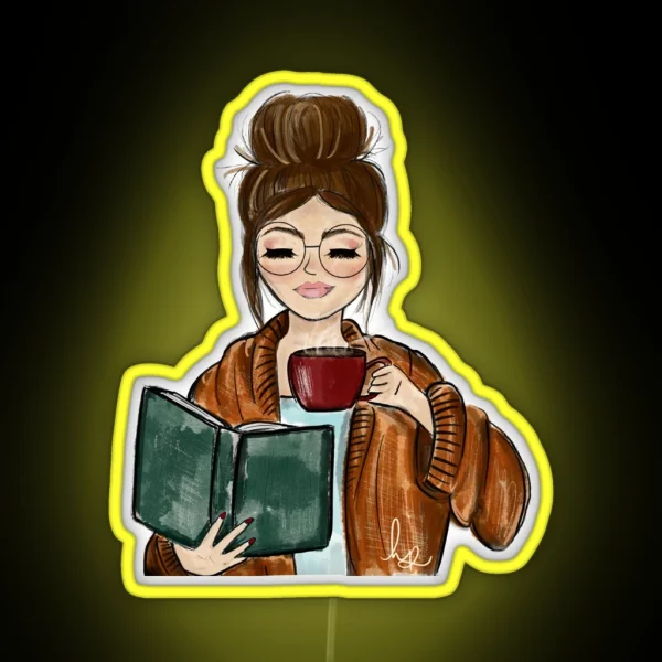 Cozy Fall Girl With Book And Coffee RGB Neon Sign