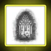 Cozy Gothic reading room ambiance with glowing ghostly neon lights