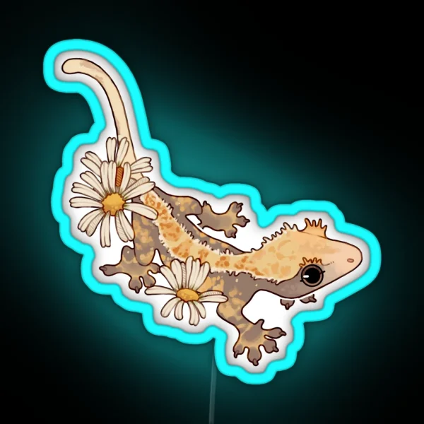 Crested Gecko With Daisies RGB Neon Sign