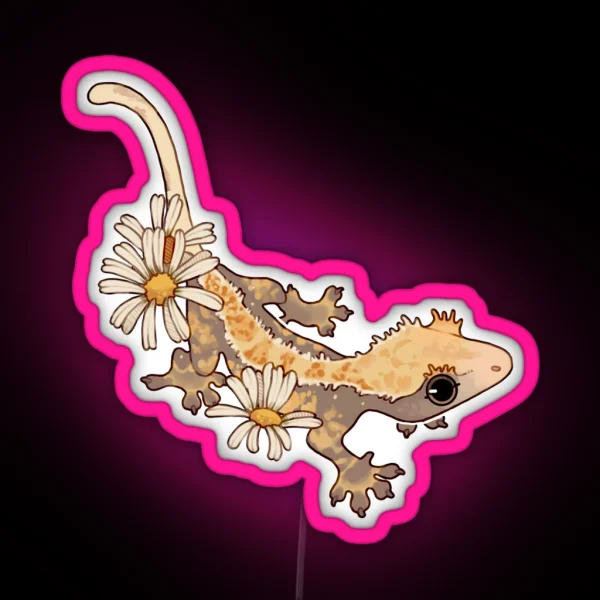 Crested Gecko With Daisies RGB Neon Sign