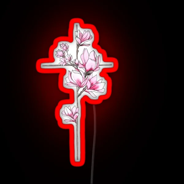 Cross With Magnolia Flowers RGB Neon Sign