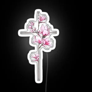 Cross With Magnolia Flowers RGB Neon Sign