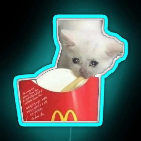 CRYING CAT Eating French Fry Crying Cat Meme RGB Neon Sign