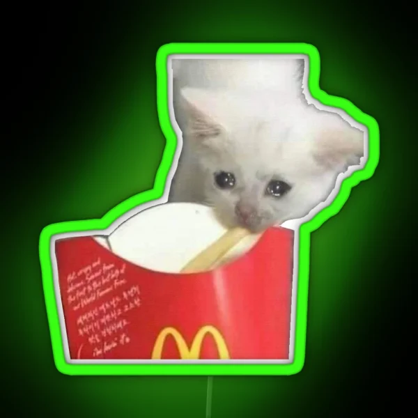 CRYING CAT Eating French Fry Crying Cat Meme RGB Neon Sign