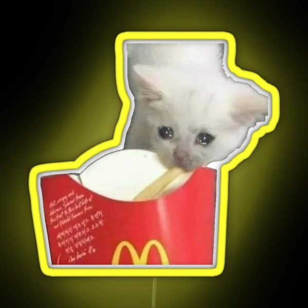 CRYING CAT Eating French Fry Crying Cat Meme RGB Neon Sign