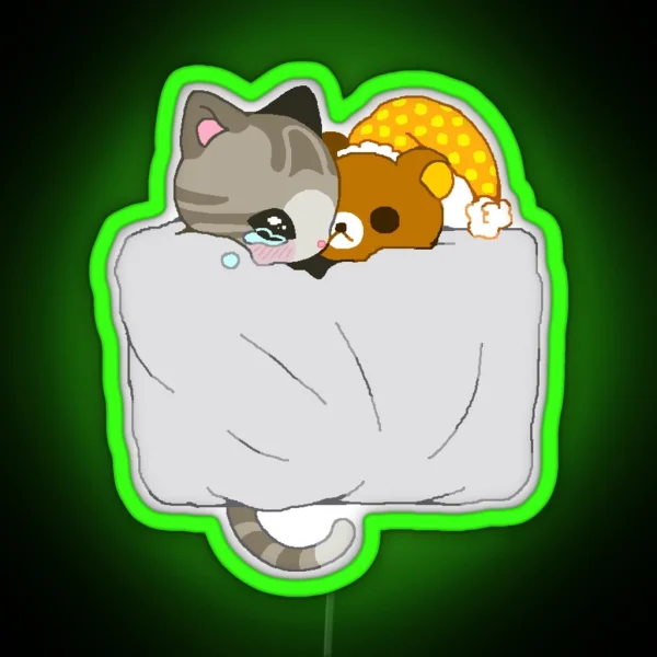 Crying Cat With Teddy Bear RGB Neon Sign