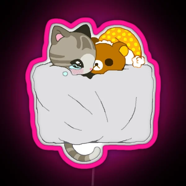 Crying Cat With Teddy Bear RGB Neon Sign