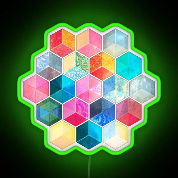 Crystal Bohemian Honeycomb Cubes Colorful Hexagon Pattern RGB Neon Sign