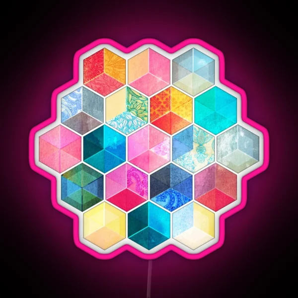 Crystal Bohemian Honeycomb Cubes Colorful Hexagon Pattern RGB Neon Sign