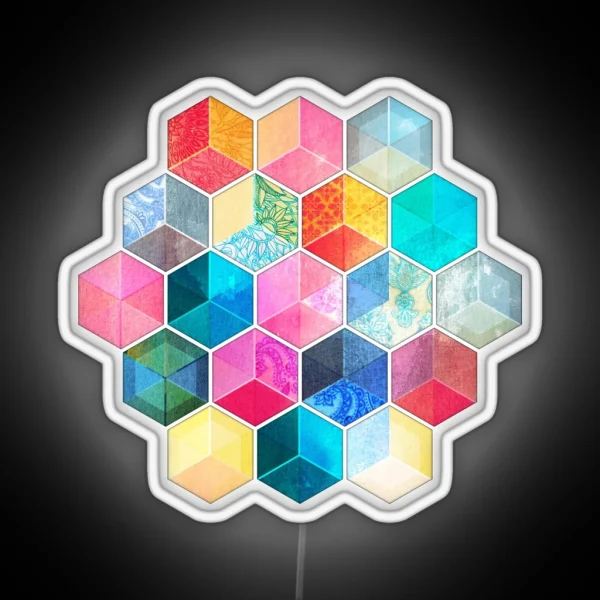 Crystal Bohemian Honeycomb Cubes Colorful Hexagon Pattern RGB Neon Sign