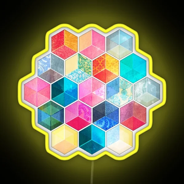 Crystal Bohemian Honeycomb Cubes Colorful Hexagon Pattern RGB Neon Sign