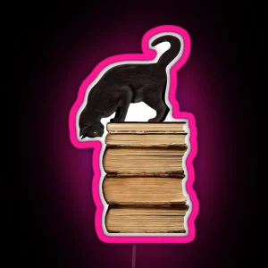 Curious Black Cat On Old Books For Literary Cat Lovers RGB Neon Sign