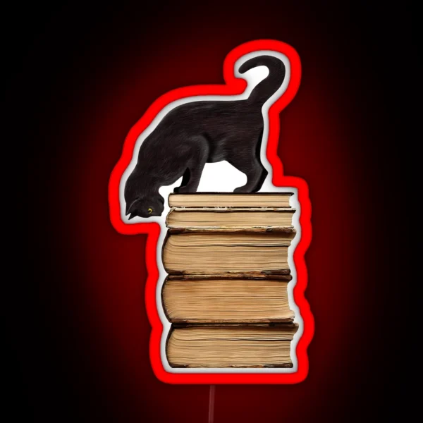 Curious Black Cat On Old Books For Literary Cat Lovers RGB Neon Sign