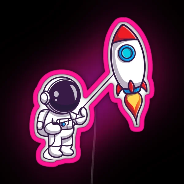 Cute Astronaut Playing Rocket RGB Neon Sign